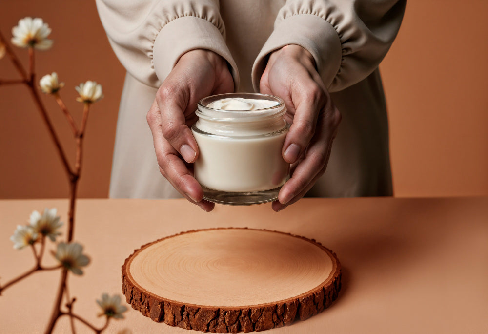 Hands holding an open jar of All In One Butter, a non-comedogenic natural face moisturizer