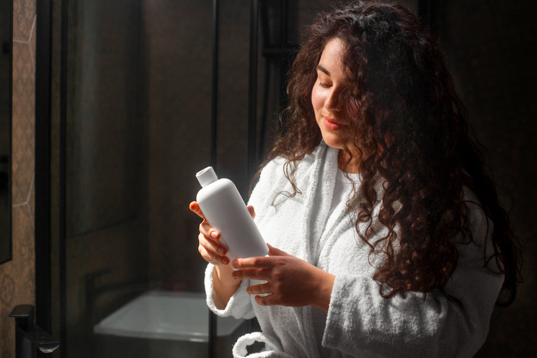 Woman with curly hair holding a shampoo bottle in the bathroom