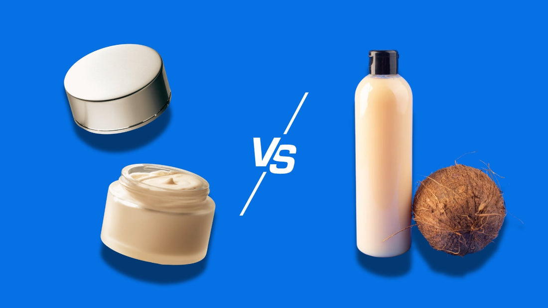 Shea butter cream jar versus a body lotion bottle with coconut, VS graphic