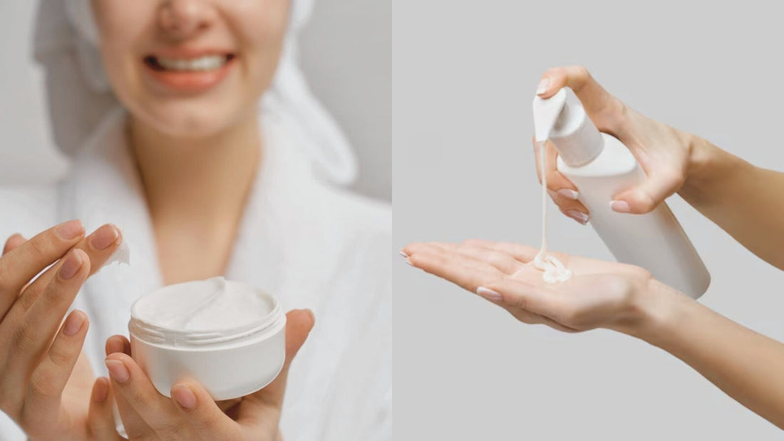 Split image comparing a thick moisturizing cream jar with a thinner pump lotion