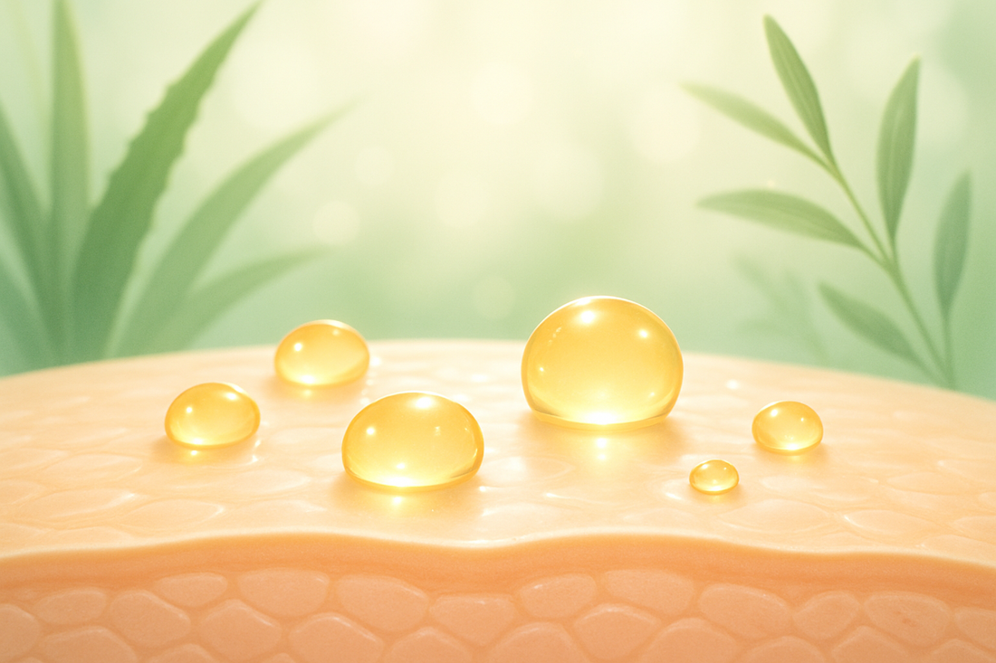 Illustration of oil droplets sitting on oily skin texture with green leaves