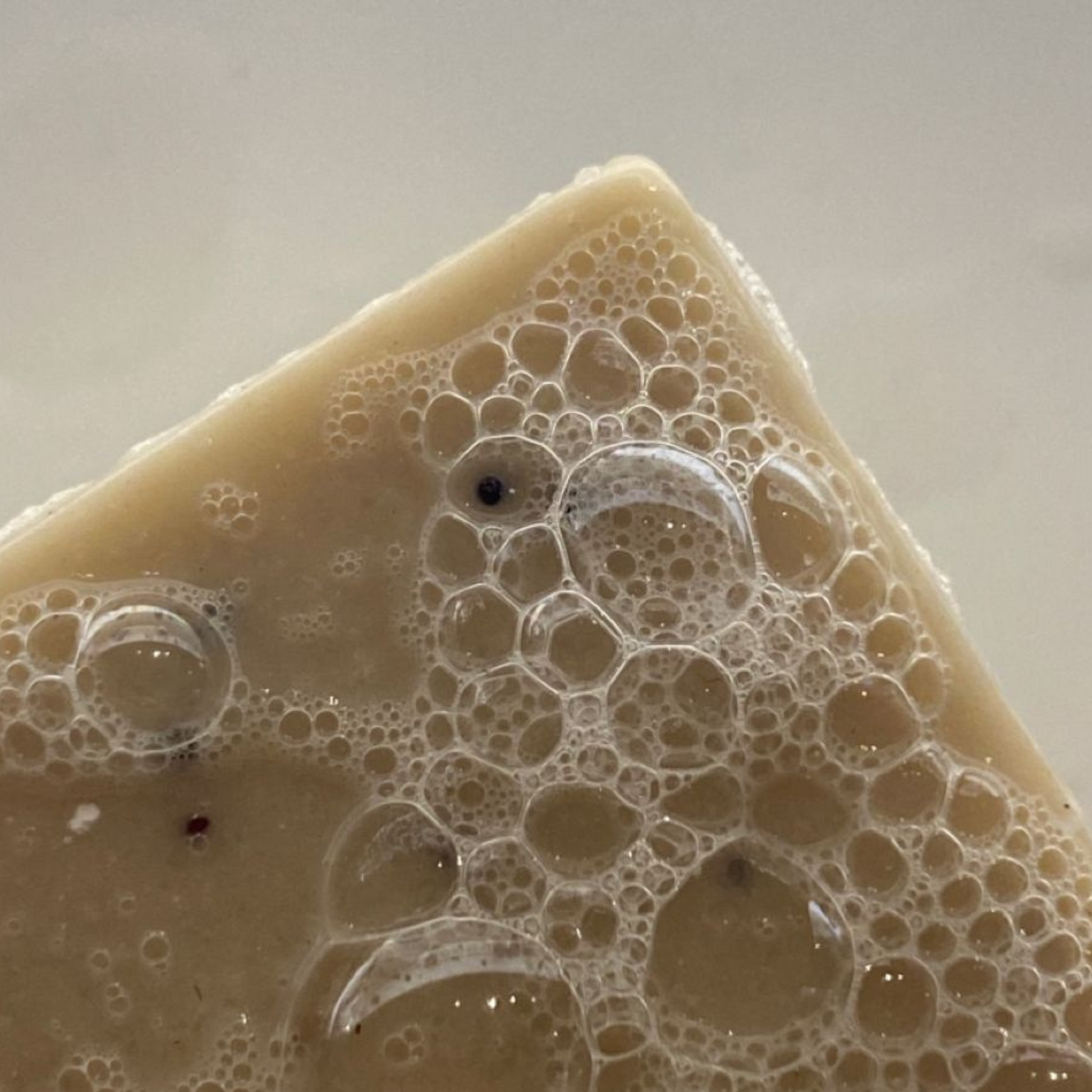 Close-up of a bar of soap with bubbles on a neutral background