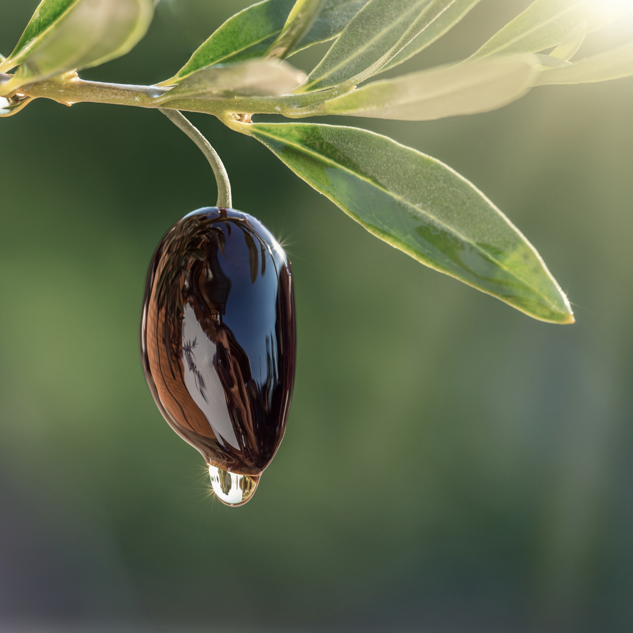 Close-up of an olive with a droplet on a branch against a blurred green background
