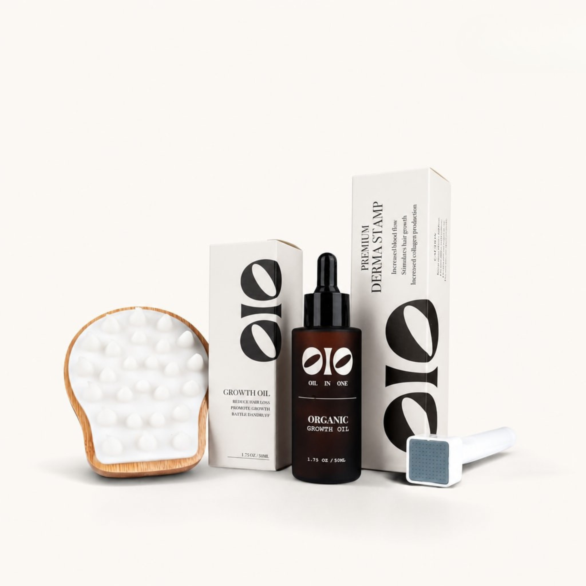 Skincare products including a hair massager, growth oil, and dermastamp kit