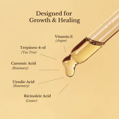 Vial of oil with a droplet labeled 'Vitamin E (Argan)' on a beige background with text about growth and healing.